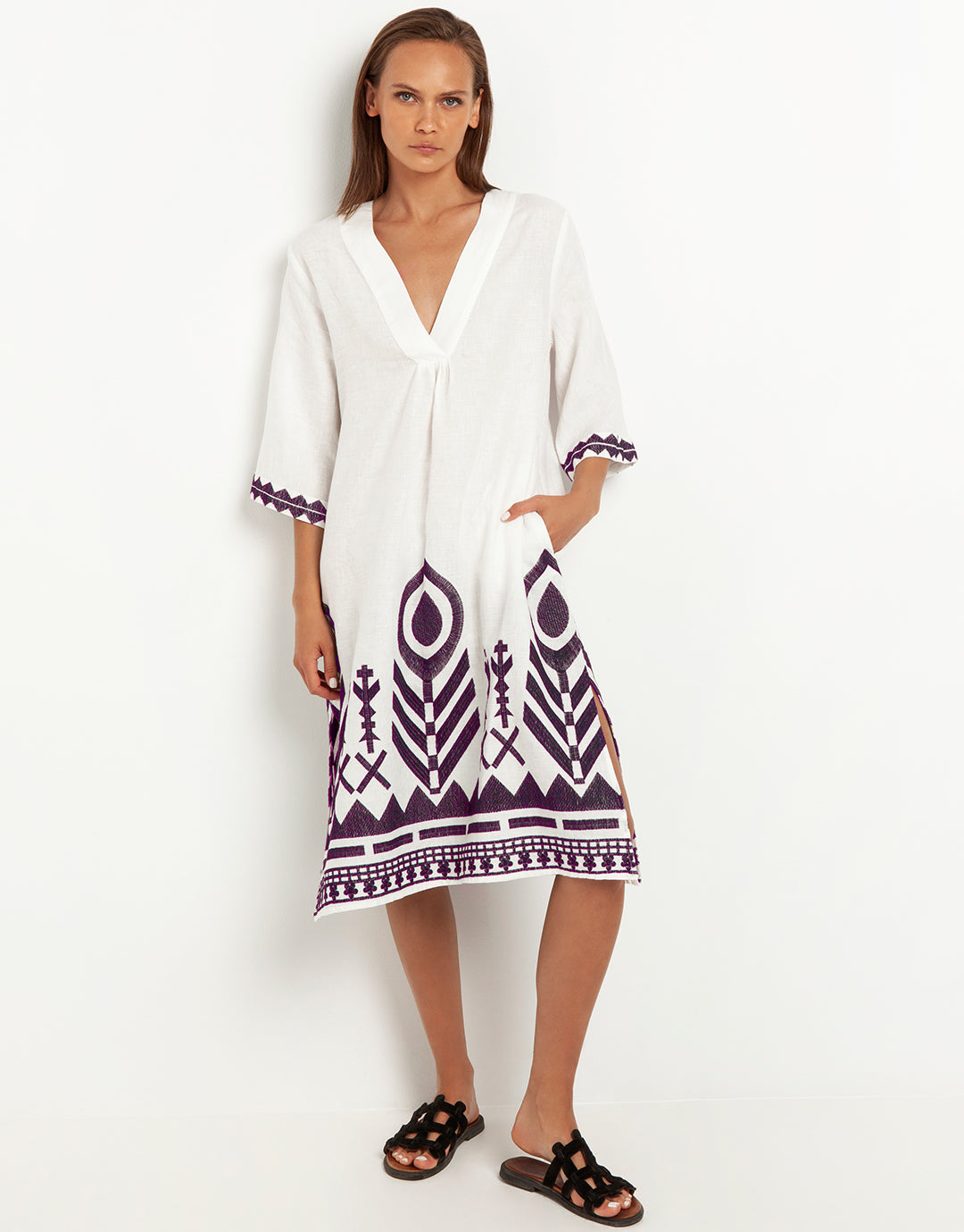 Feathers V Neck Midi Kaftan - White and Plum - Simply Beach UK