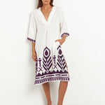 Feathers V Neck Midi Kaftan - White and Plum - Simply Beach UK