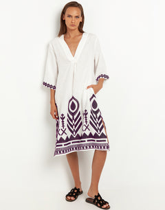 Feathers V Neck Midi Kaftan - White and Plum - Simply Beach UK