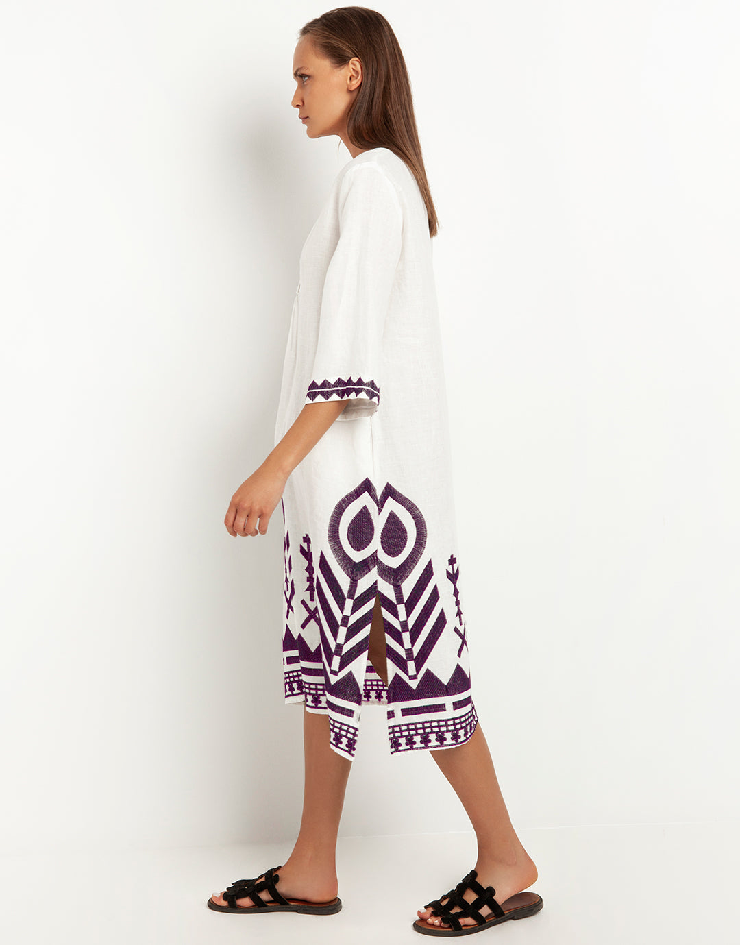 Feathers V Neck Midi Kaftan - White and Plum - Simply Beach UK