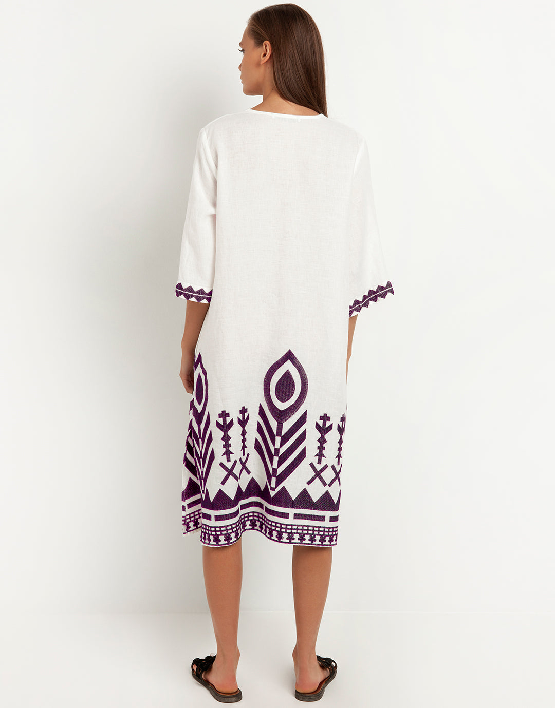 Feathers V Neck Midi Kaftan - White and Plum - Simply Beach UK