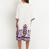 Feathers V Neck Midi Kaftan - White and Plum - Simply Beach UK