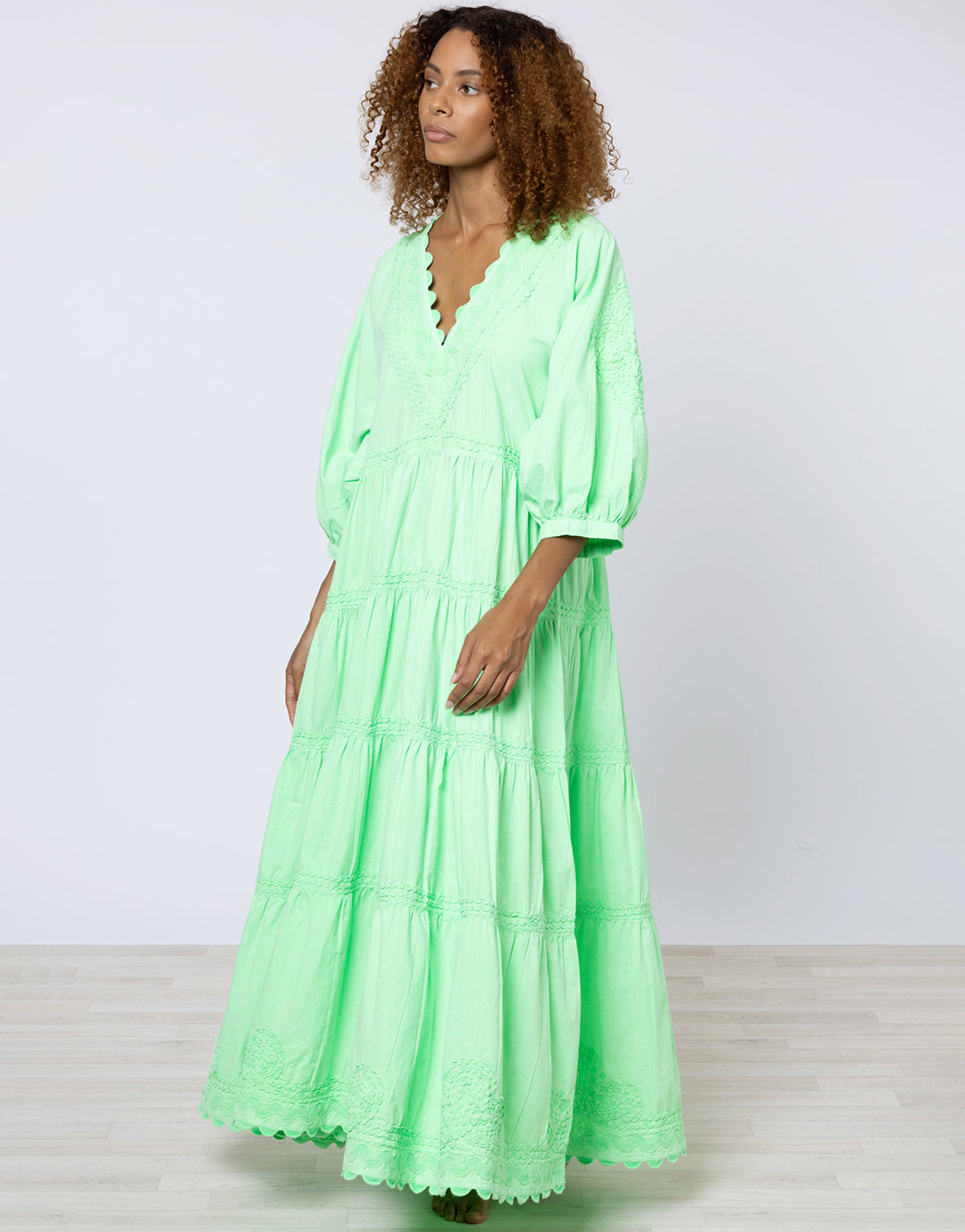 Poplin V-Neck Loose Maxi Dress with Ric-Rac - Apple - Simply Beach UK