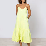 Poplin V-Neck Midi Dress with Cord Flower - Sherbet Lemon - Simply Beach UK