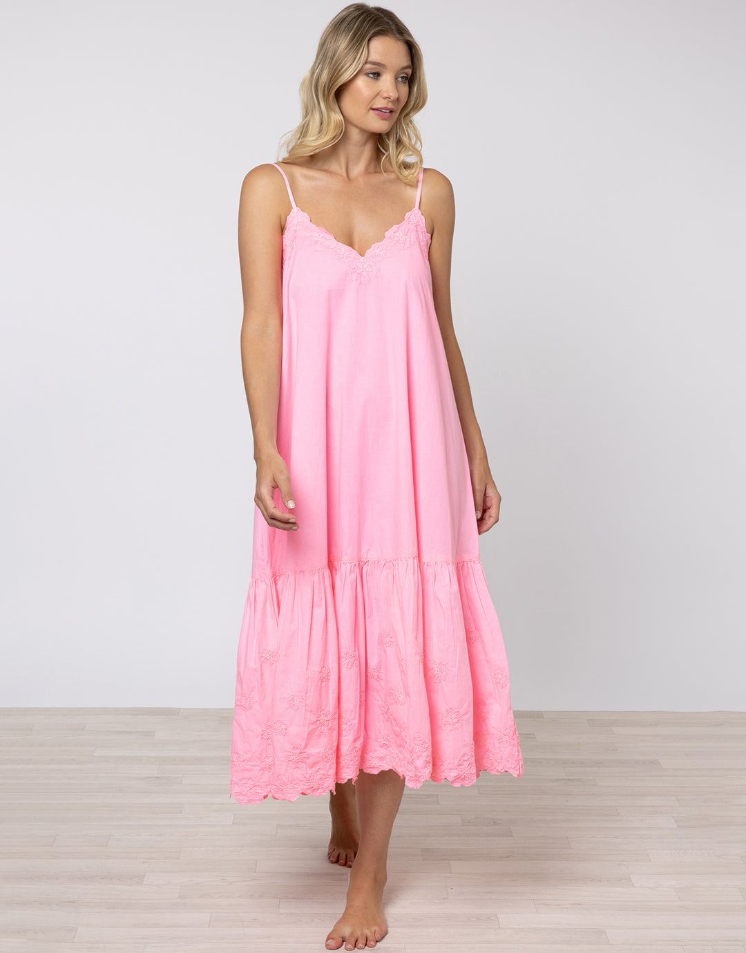 Poplin V-Neck Midi Dress with Cord Flower - Pink Grapefruit - Simply Beach UK