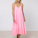 Poplin V-Neck Midi Dress with Cord Flower - Pink Grapefruit - Simply Beach UK