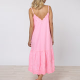 Poplin V-Neck Midi Dress with Cord Flower - Pink Grapefruit - Simply Beach UK