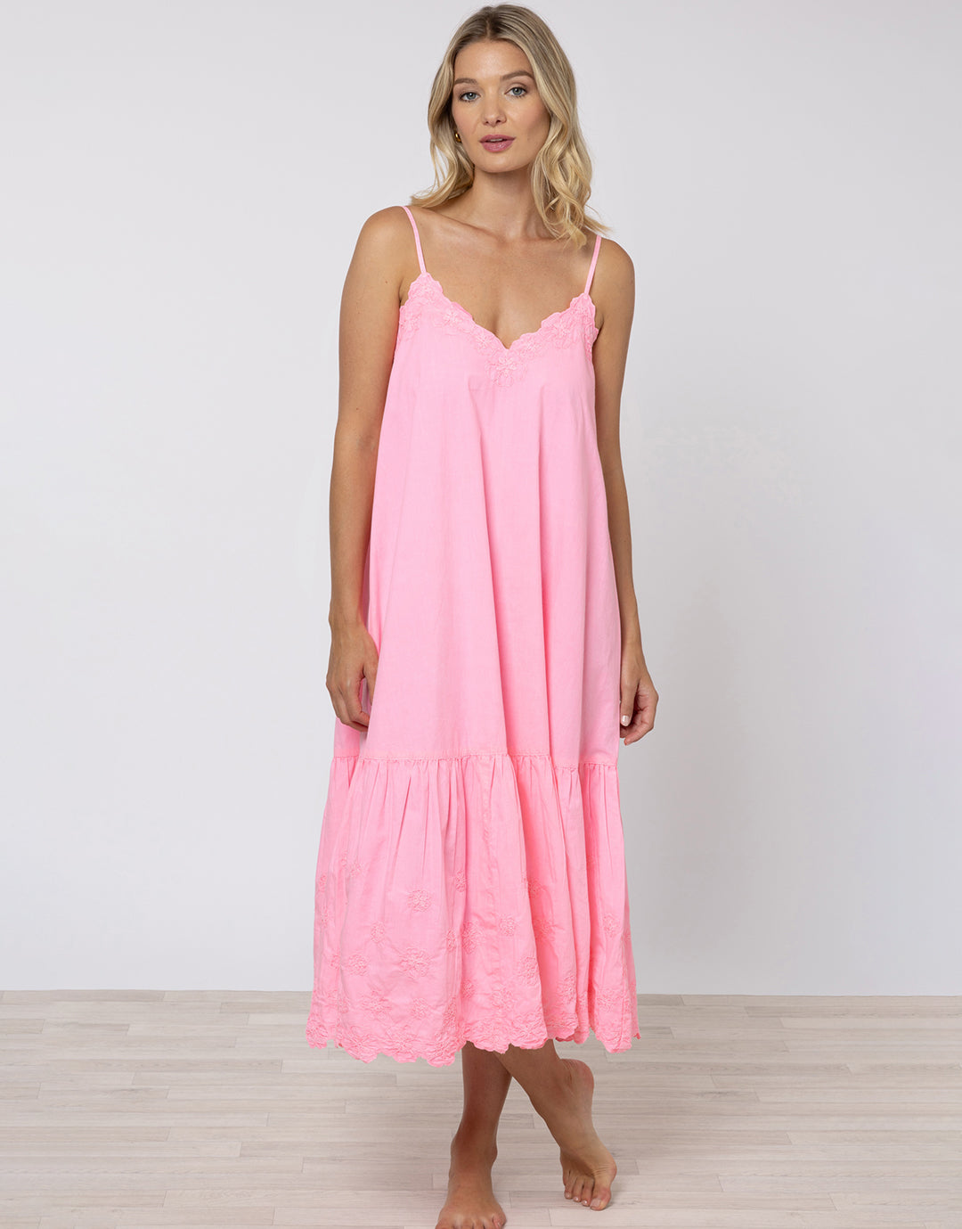 Poplin V-Neck Midi Dress with Cord Flower - Pink Grapefruit - Simply Beach UK