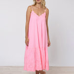 Poplin V-Neck Midi Dress with Cord Flower - Pink Grapefruit - Simply Beach UK