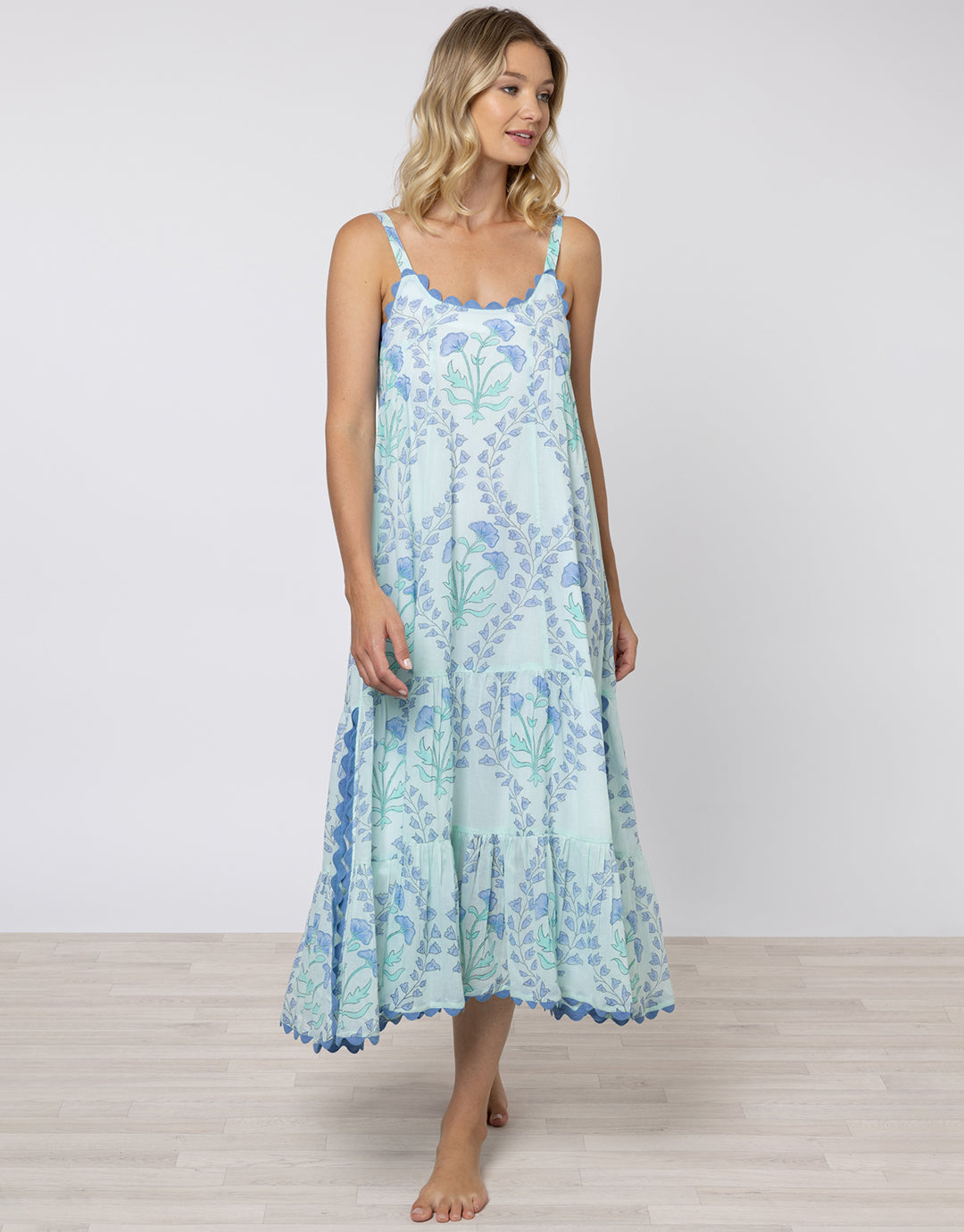 Ginko Print Swing Dress with Ric-Rac - Aqua and Blue - Simply Beach UK