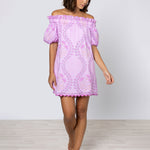 Ginko Print Off Shoulder Mini Dress with Ric-Rac - Violet and Peach - Simply Beach UK