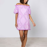 Ginko Print Off Shoulder Mini Dress with Ric-Rac - Violet and Peach - Simply Beach UK