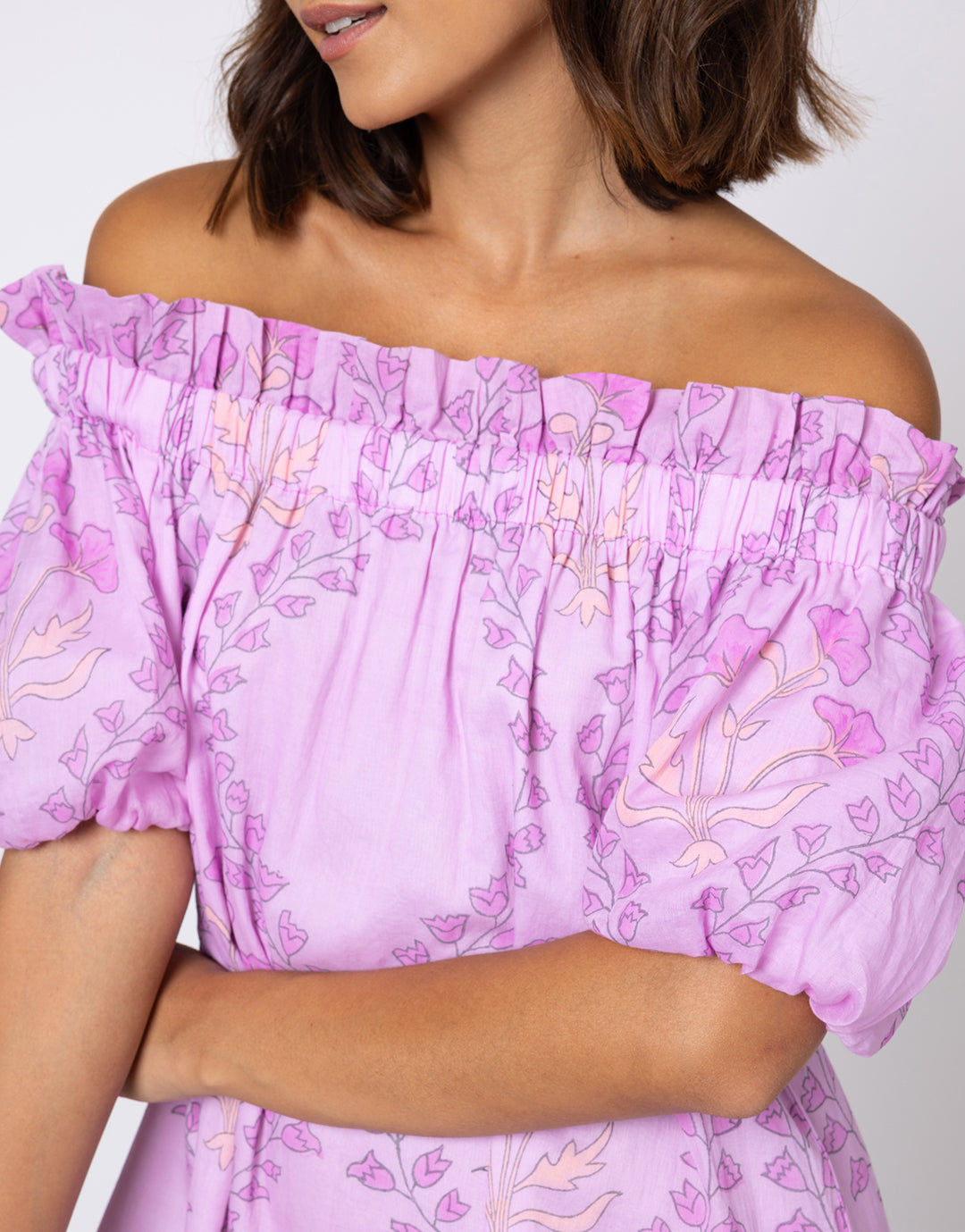 Ginko Print Off Shoulder Mini Dress with Ric-Rac - Violet and Peach - Simply Beach UK