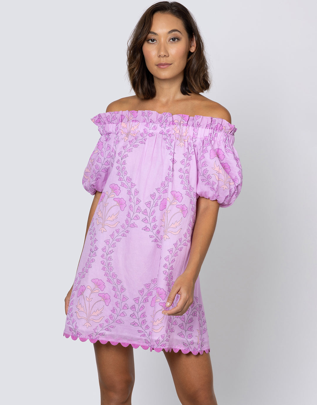 Ginko Print Off Shoulder Mini Dress with Ric-Rac - Violet and Peach - Simply Beach UK