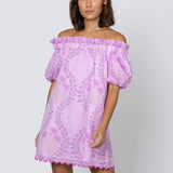 Ginko Print Off Shoulder Mini Dress with Ric-Rac - Violet and Peach - Simply Beach UK