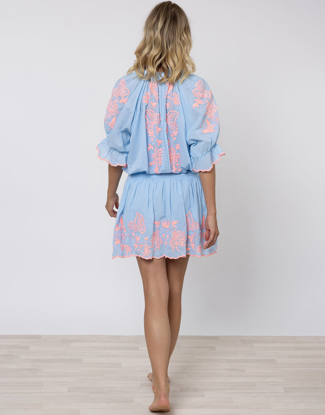 Cotton Blouson Dress with Butterfly Embroidery - Blue and Neon Pink - Simply Beach UK