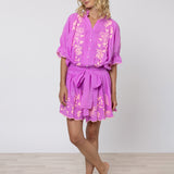 Cotton Blouson Dress with Butterfly Embroidery - Violet and Neon Peach - Simply Beach UK