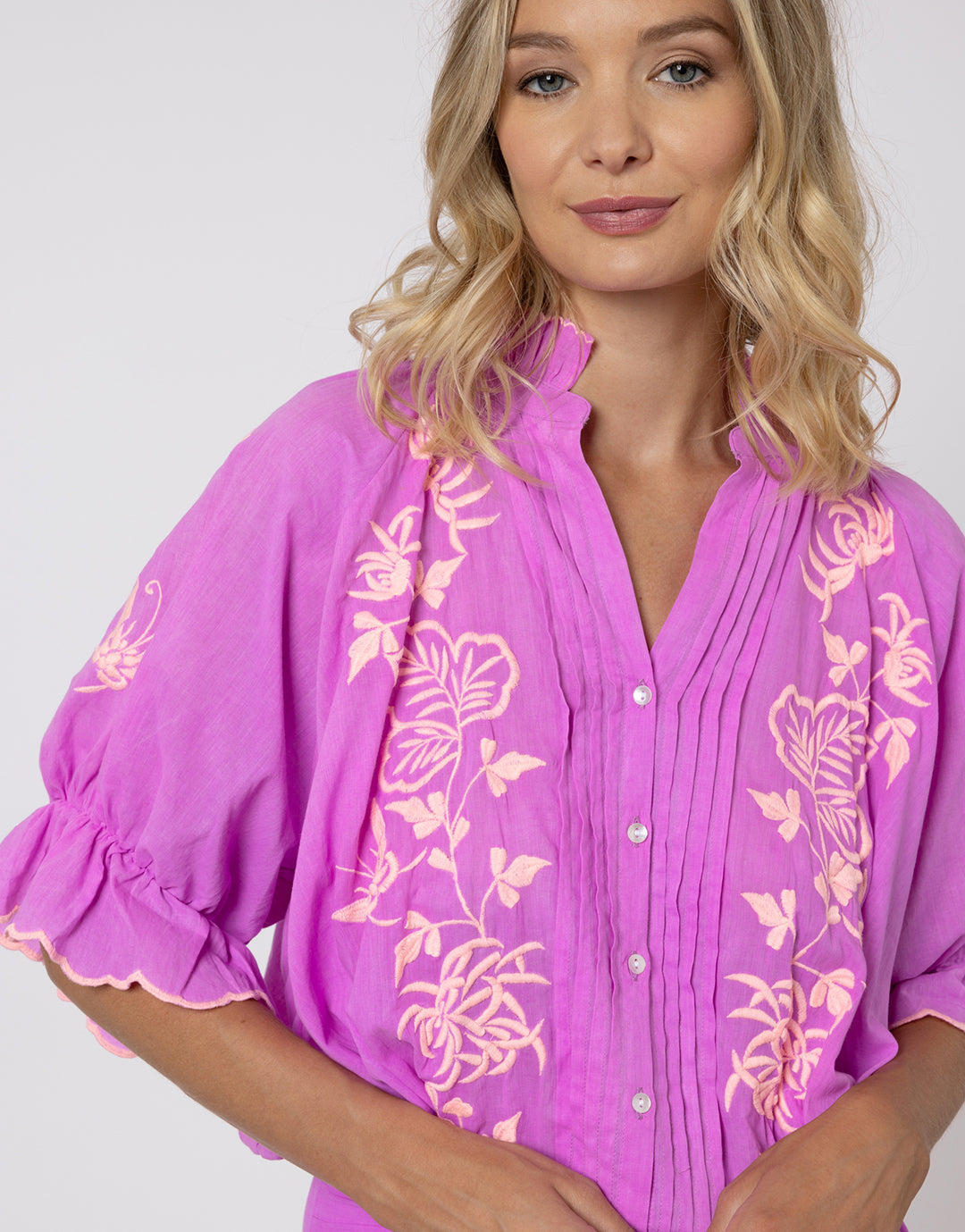 Cotton Blouson Dress with Butterfly Embroidery - Violet and Neon Peach - Simply Beach UK