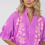 Cotton Blouson Dress with Butterfly Embroidery - Violet and Neon Peach - Simply Beach UK