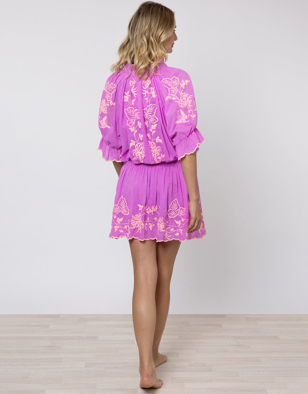 Cotton Blouson Dress with Butterfly Embroidery - Violet and Neon Peach - Simply Beach UK