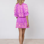 Cotton Blouson Dress with Butterfly Embroidery - Violet and Neon Peach - Simply Beach UK