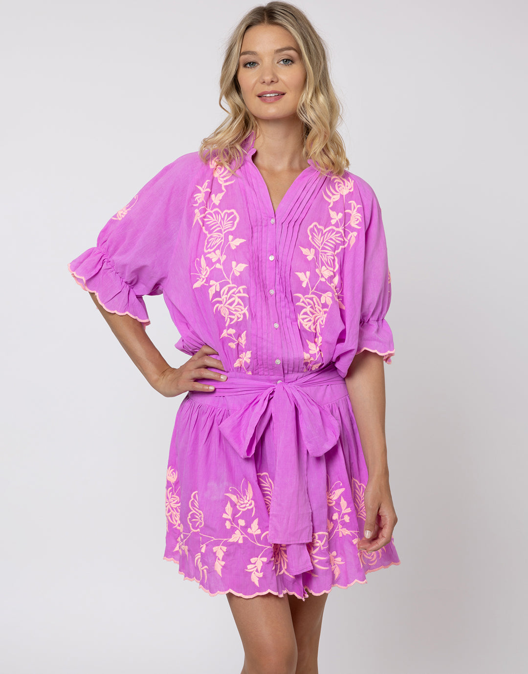 Cotton Blouson Dress with Butterfly Embroidery - Violet and Neon Peach - Simply Beach UK