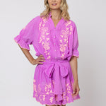 Cotton Blouson Dress with Butterfly Embroidery - Violet and Neon Peach - Simply Beach UK