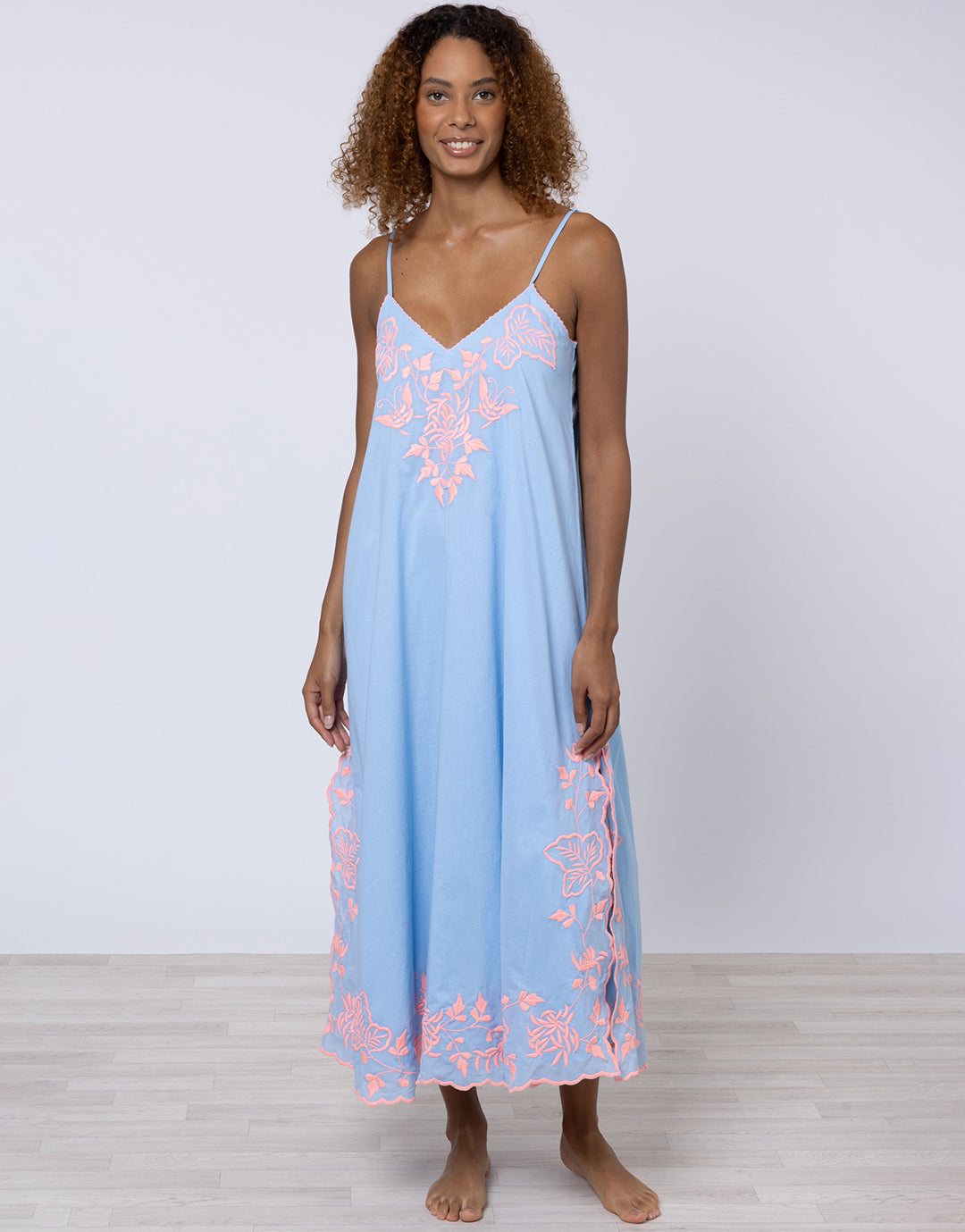 Cotton V-Neck Slip Dress with Butterfly Embroidery - Blue and Neon Pink - Simply Beach UK