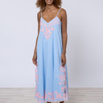 Cotton V-Neck Slip Dress with Butterfly Embroidery - Blue and Neon Pink - Simply Beach UK