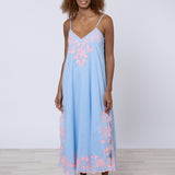 Cotton V-Neck Slip Dress with Butterfly Embroidery - Blue and Neon Pink - Simply Beach UK