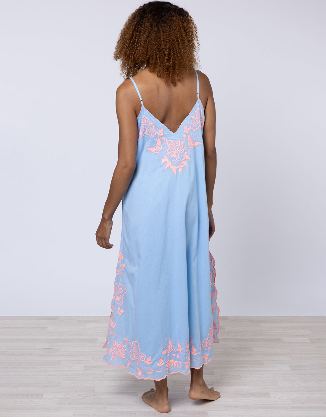 Cotton V-Neck Slip Dress with Butterfly Embroidery - Blue and Neon Pink - Simply Beach UK