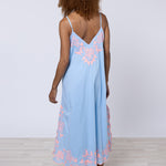 Cotton V-Neck Slip Dress with Butterfly Embroidery - Blue and Neon Pink - Simply Beach UK