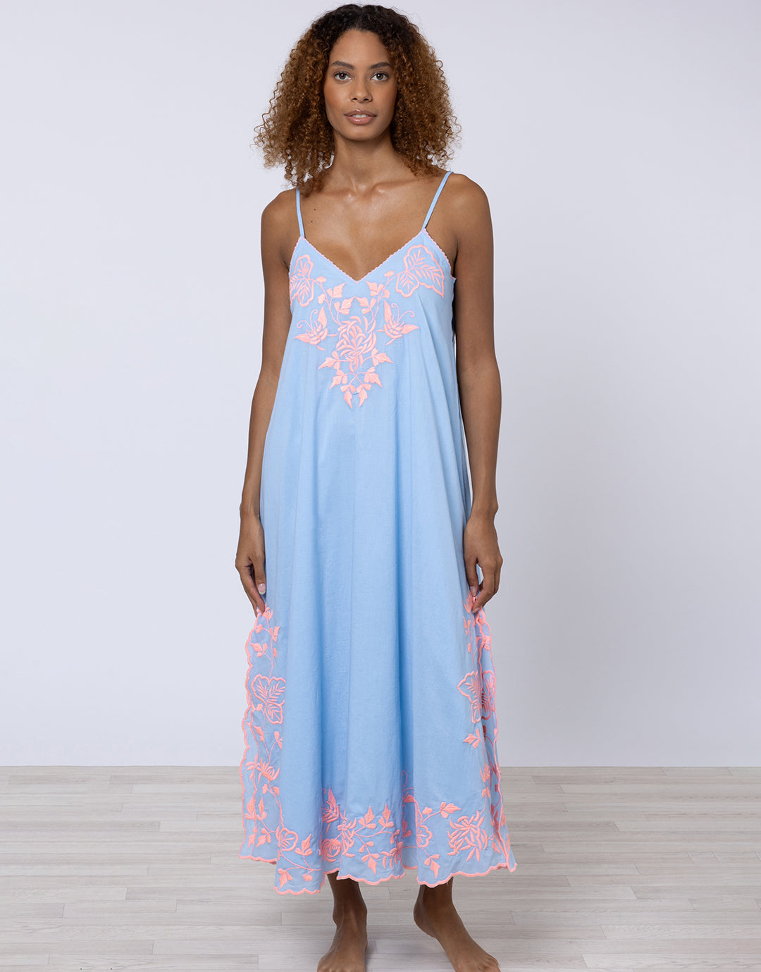 Cotton V-Neck Slip Dress with Butterfly Embroidery - Blue and Neon Pink - Simply Beach UK