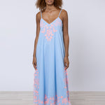 Cotton V-Neck Slip Dress with Butterfly Embroidery - Blue and Neon Pink - Simply Beach UK