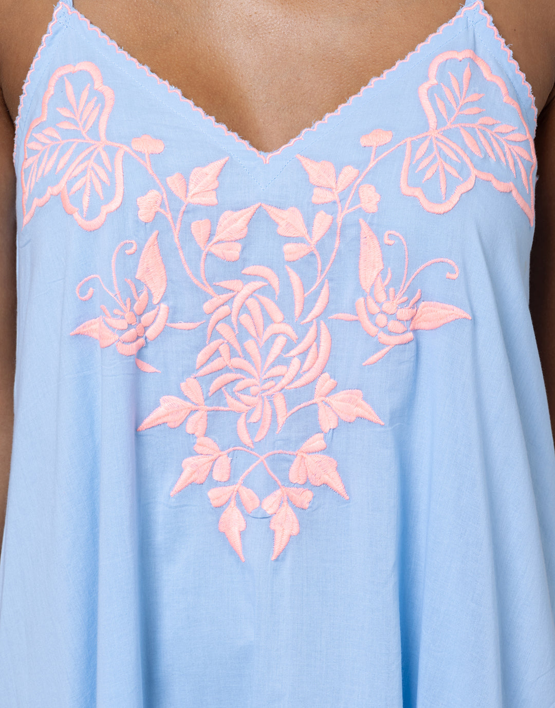 Cotton V-Neck Slip Dress with Butterfly Embroidery - Blue and Neon Pink - Simply Beach UK