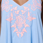 Cotton V-Neck Slip Dress with Butterfly Embroidery - Blue and Neon Pink - Simply Beach UK