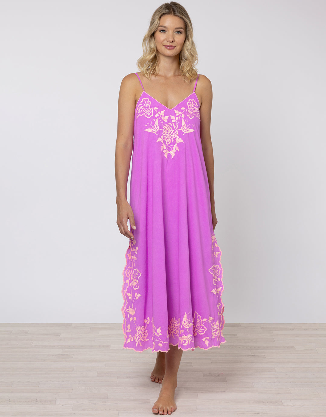 Cotton V-Neck Slip Dress with Butterfly Embroidery - Violet and Neon Peach - Simply Beach UK