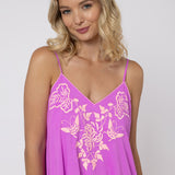 Cotton V-Neck Slip Dress with Butterfly Embroidery - Violet and Neon Peach - Simply Beach UK