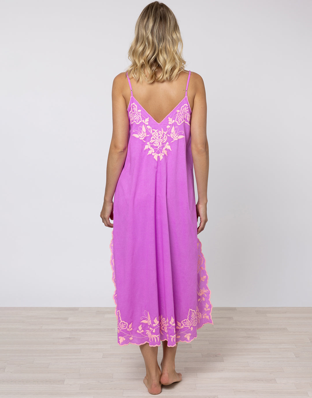 Cotton V-Neck Slip Dress with Butterfly Embroidery - Violet and Neon Peach - Simply Beach UK