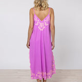 Cotton V-Neck Slip Dress with Butterfly Embroidery - Violet and Neon Peach - Simply Beach UK