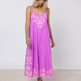 Cotton V-Neck Slip Dress with Butterfly Embroidery - Violet and Neon Peach - Simply Beach UK