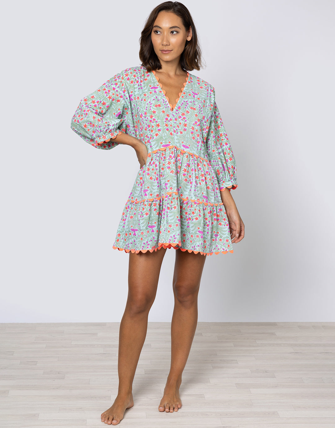 Ditsy Print V-Neck Tiered Mini Dress with Ric-Rac - Aqua and Neon Red - Simply Beach UK