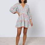 Ditsy Print V-Neck Tiered Mini Dress with Ric-Rac - Aqua and Neon Red - Simply Beach UK