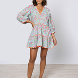 Ditsy Print V-Neck Tiered Mini Dress with Ric-Rac - Aqua and Neon Red - Simply Beach UK