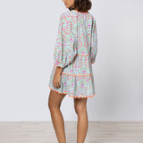 Ditsy Print V-Neck Tiered Mini Dress with Ric-Rac - Aqua and Neon Red - Simply Beach UK