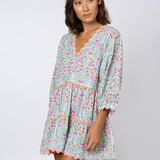 Ditsy Print V-Neck Tiered Mini Dress with Ric-Rac - Aqua and Neon Red - Simply Beach UK