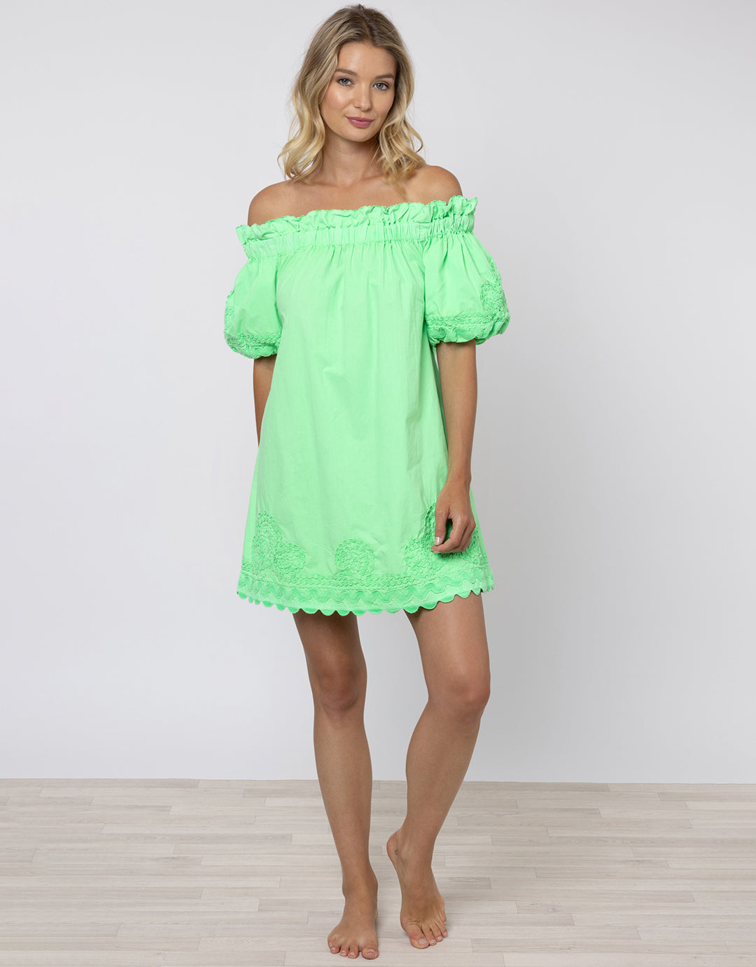 Poplin Off Shoulder Mini Dress with Ric-Rac - Apple - Simply Beach UK