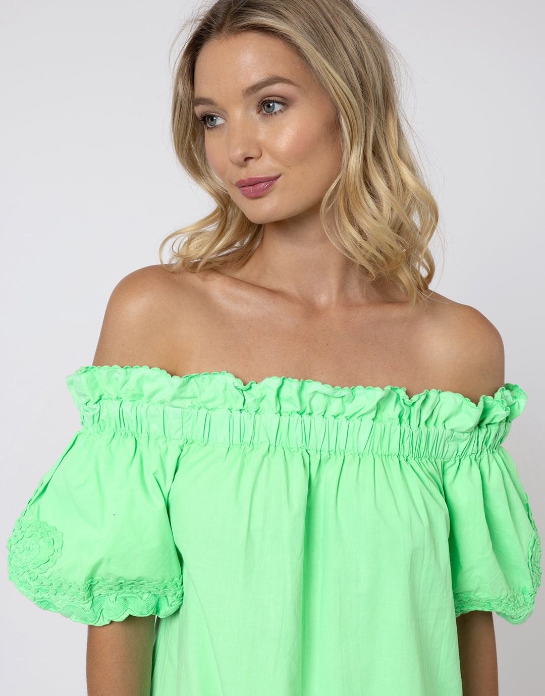 Poplin Off Shoulder Mini Dress with Ric-Rac - Apple - Simply Beach UK