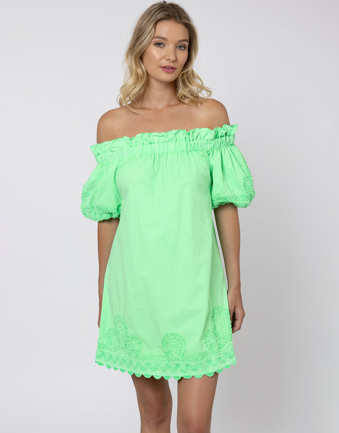 Poplin Off Shoulder Mini Dress with Ric-Rac - Apple - Simply Beach UK