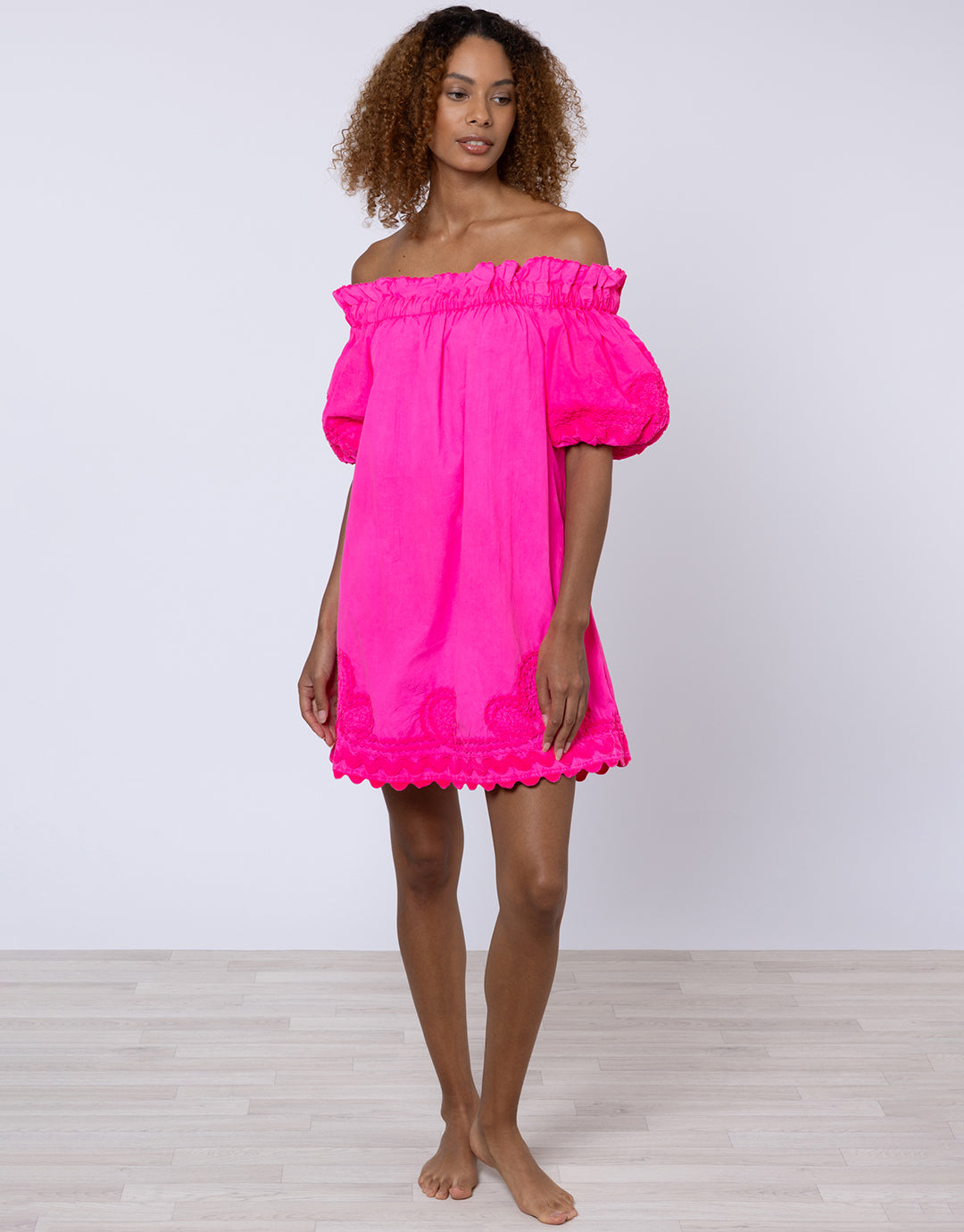 Poplin Off Shoulder Mini Dress with Ric-Rac - Indian Pink - Simply Beach UK